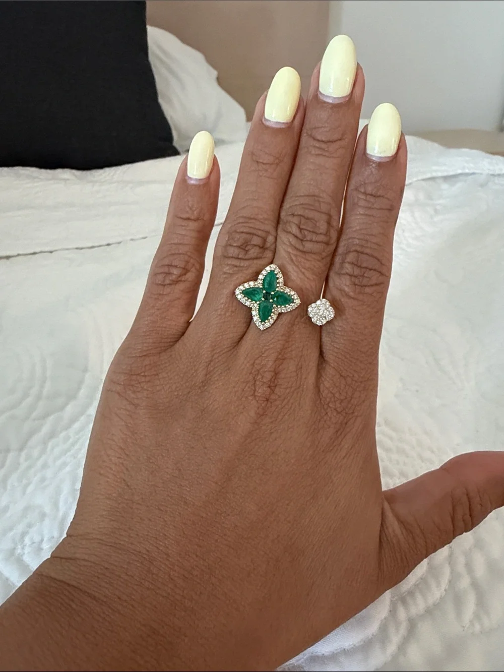 14K yellow gold Clover open ring .4ct diamond 1.4ct emerald